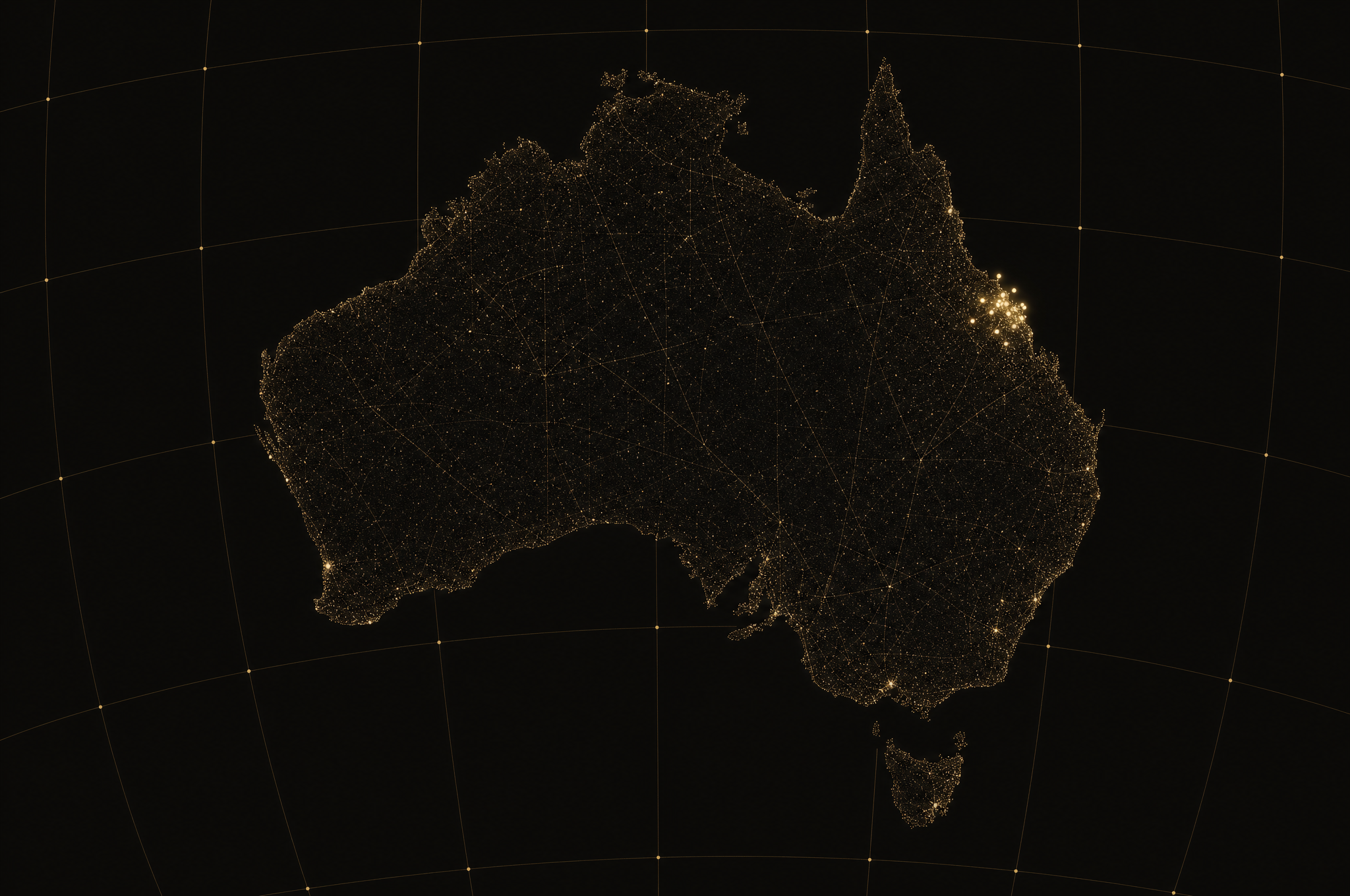 Dark dot-field map of Australia with gold nodes over north Queensland