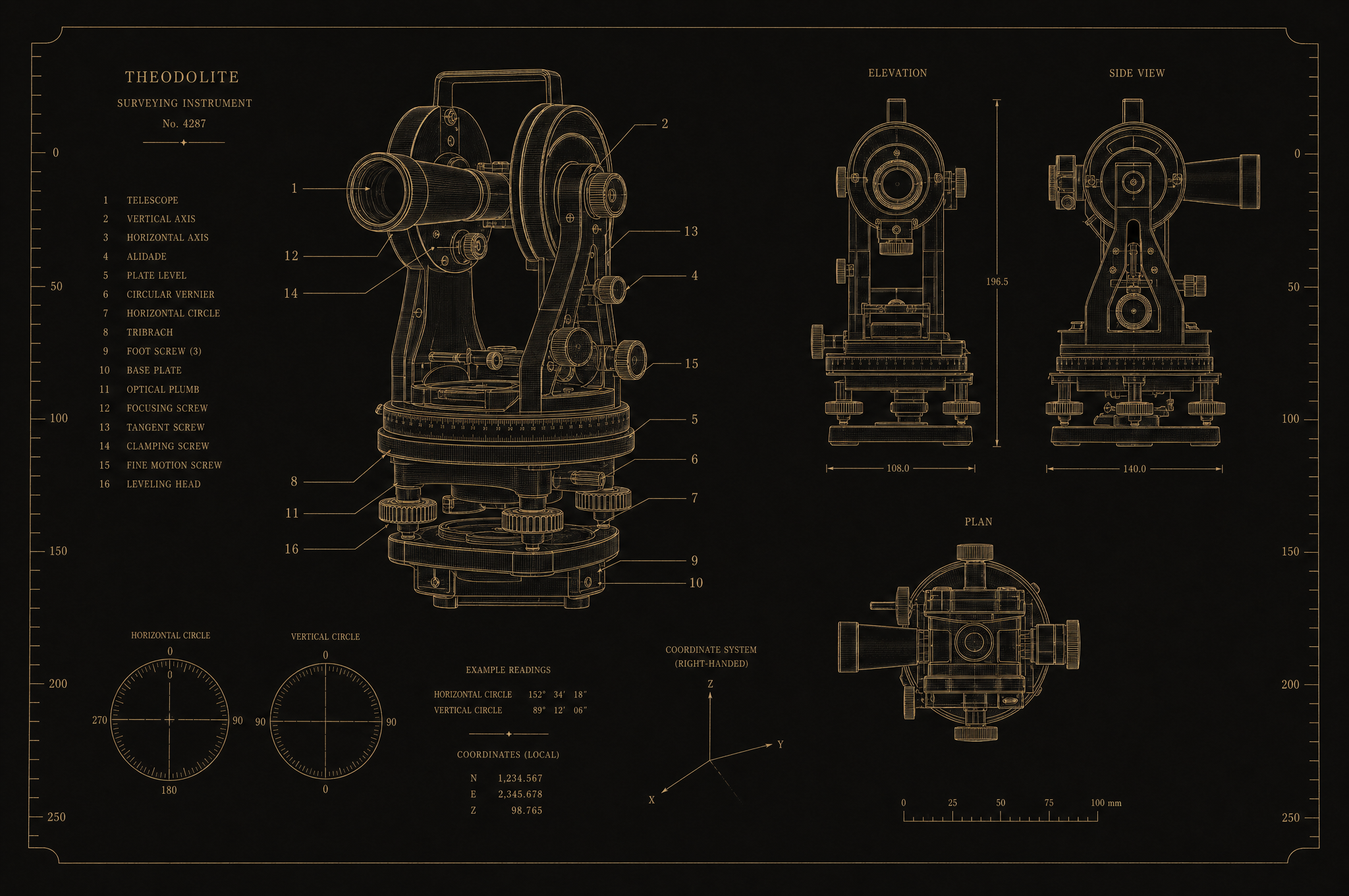 Technical line drawing of a surveyor's theodolite